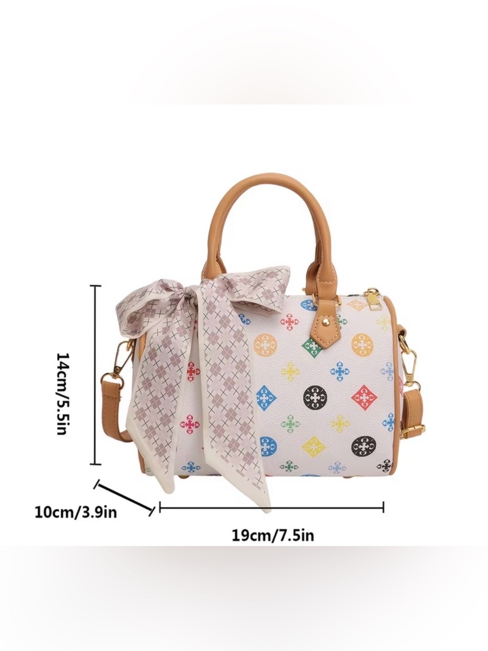 White Multicolor Pattern Mini Satchel with Tan Handles & Crossbody Strap - Picture 4 of 6